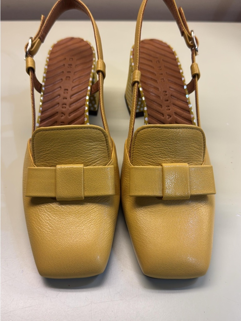 Chie Mihara Mustard Yellow Square-Toe Slingback Loafers with Bow